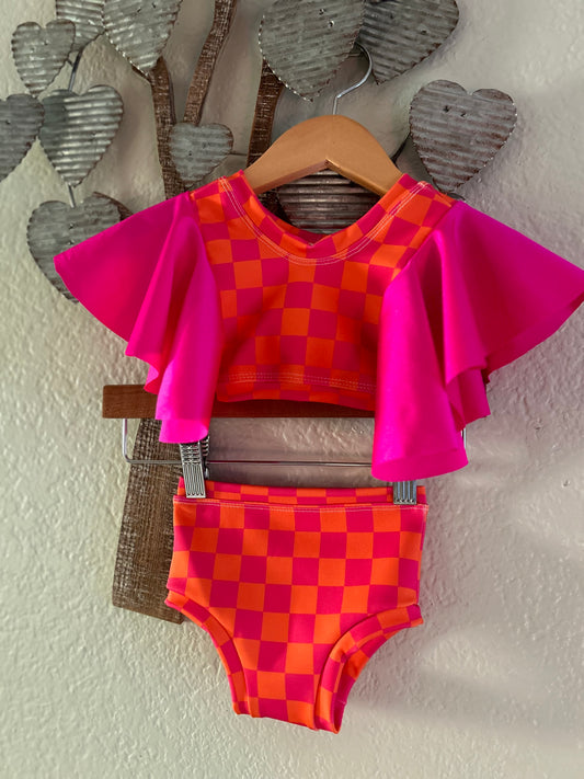 9/12m 2 Piece Swim Suit- Pink & Orange Checkers