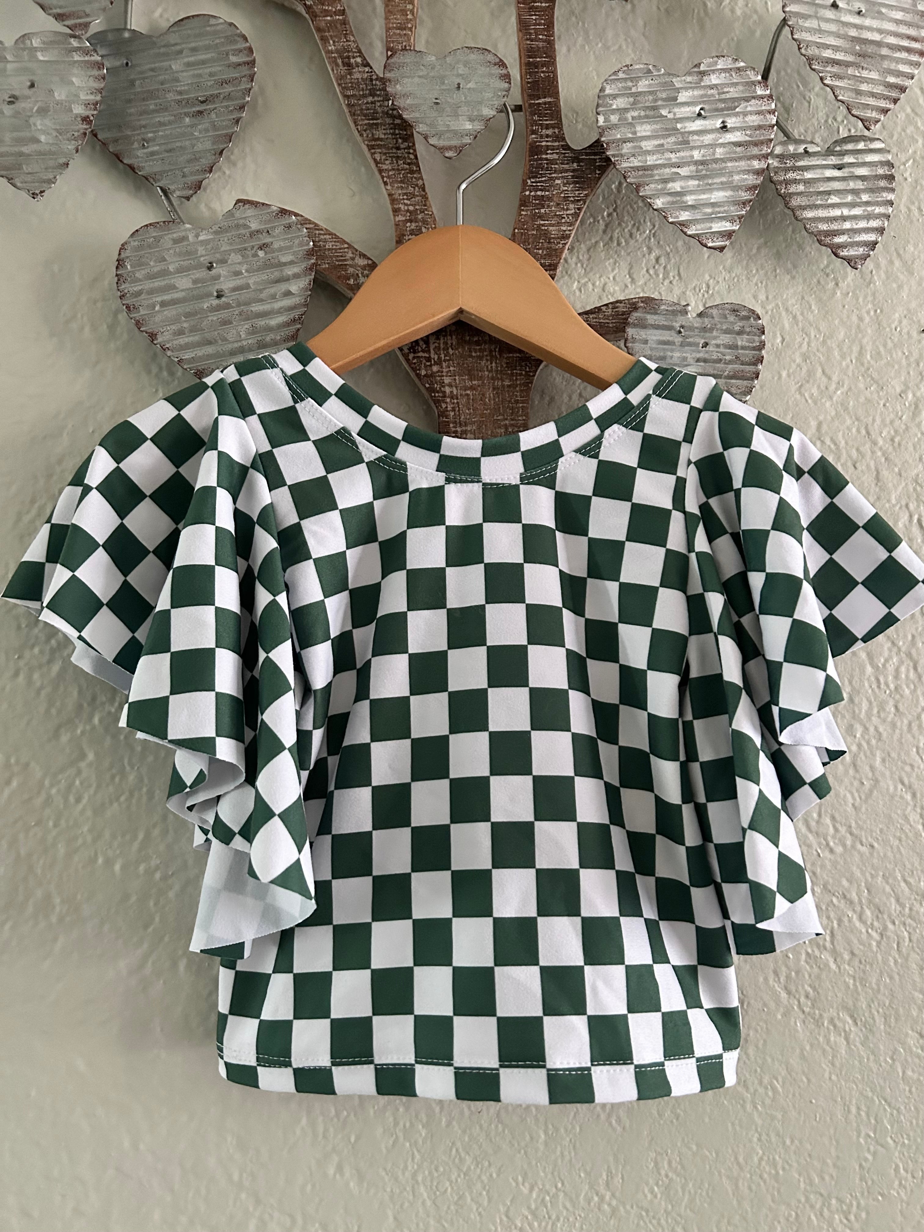 3t Flutter Sleeve Top- Green & White Checkers